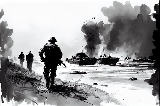 A black and white pen illustration of the Allied invasion of occupied France during Operation Overlord D-Day on the 6th of June 1944 in Normandy.