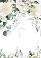 Watercolor floral frame border with white flowers, rose, peony, green leaves, branches and gold elements, for wedding stationary, greetings, wallpapers, fashion, background. Eucalyptus, olive.