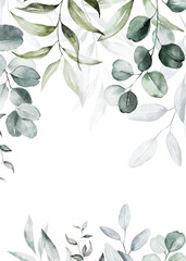Watercolor floral frame border with green leaves, branches and elements, for wedding stationary, greetings, wallpapers, fashion, background. Eucalyptus, olive, green leaves.