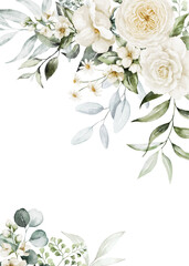 Watercolor floral frame border with white flowers, rose, peony, green leaves, branches and gold elements, for wedding stationary, greetings, wallpapers, fashion, background. Eucalyptus, olive. - obrazy, fototapety, plakaty