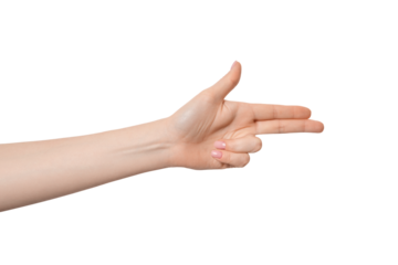 Woman's hand making shooting gun gesture. Рointing with two fingers. Isolate on a white