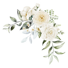 Watercolor floral illustration bouquet - white flowers, rose, peony, green and gold leaf branches collection. Wedding stationary, greetings, wallpapers, fashion, background. Eucalyptus, olive, leaves. - 561049692