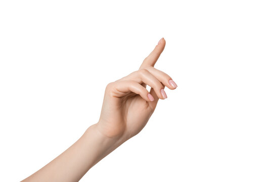 A woman's hand points up with a finger or makes a click. Isolate on a white background.
