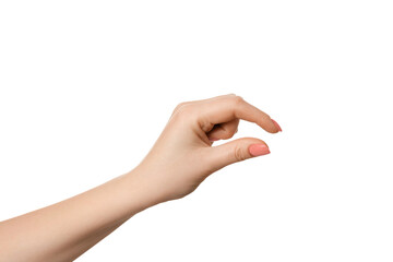 Female hand as if holding something or showing size, isolate empty hands.