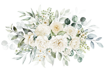 Watercolor floral illustration bouquet - white flowers, rose, peony, green and gold leaf branches collection. Wedding stationary, greetings, wallpapers, fashion, background. Eucalyptus, olive, leaves. - 561049815