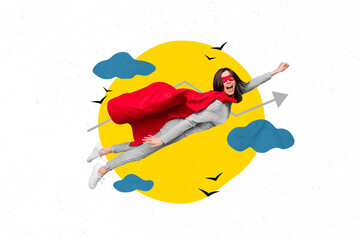 Composite collage portrait of excited positive super girl raise fist flying wear red cape painted...