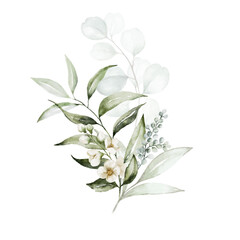 Watercolor floral illustration bouquet - white flowers, green leaf branches collection, for wedding stationary, greetings, wallpapers, fashion, background. Eucalyptus, olive, green leaves, etc.