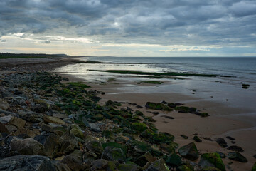 A rocky beach under a cloudy sky