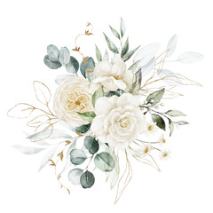 Watercolor floral illustration bouquet - white flowers, rose, peony, green and gold leaf branches collection. Wedding stationary, greetings, wallpapers, fashion, background. Eucalyptus, olive, leaves. - 561049876