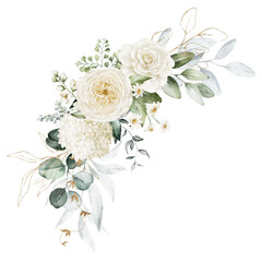 Watercolor floral illustration bouquet - white flowers, rose, peony, green and gold leaf branches collection. Wedding stationary, greetings, wallpapers, fashion, background. Eucalyptus, olive, leaves. - 561049882