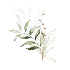 Watercolor floral illustration bouquet - green and gold leaf branches collection, for wedding stationary, greetings, wallpapers, fashion, background. Eucalyptus, olive, green leaves, etc.