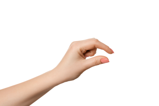 Female hand as if holding something or showing size, isolate empty hands.