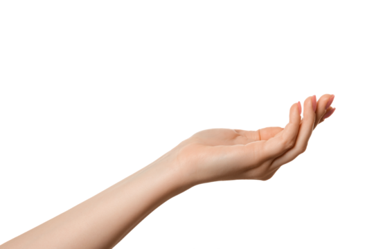 Beautiful woman open hand sign, isolated. Palm up.