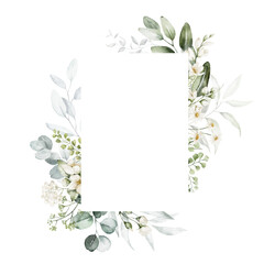 Watercolor floral illustration - white flowers, leaves and branches wreath frame with geometric shape. Wedding stationary, greetings, wallpapers, fashion, background. Eucalyptus, olive, green leaves.