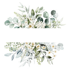 Watercolor floral illustration - white flowers, green and gold leaf frame - border, for wedding stationary, greetings, wallpapers, fashion, background. Eucalyptus, olive, green leaves, etc.