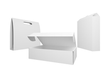 Paper food packaging options, 3d rendering mockup on isolated background. Product packages recyclable and reusable carton lunch boxes