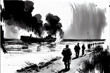 A black and white pen illustration of the Allied invasion of occupied France during Operation Overlord D-Day on the 6th of June 1944 in Normandy.
