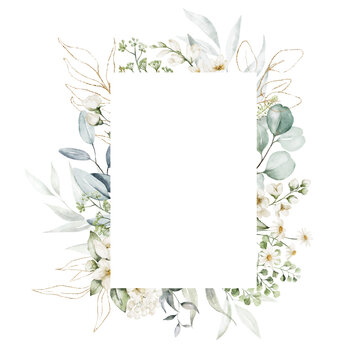Fototapeta Watercolor floral illustration - gold leaves and branches wreath frame with geometric shape. Wedding stationary, greetings, wallpapers, fashion, background. Eucalyptus, olive, green leaves.