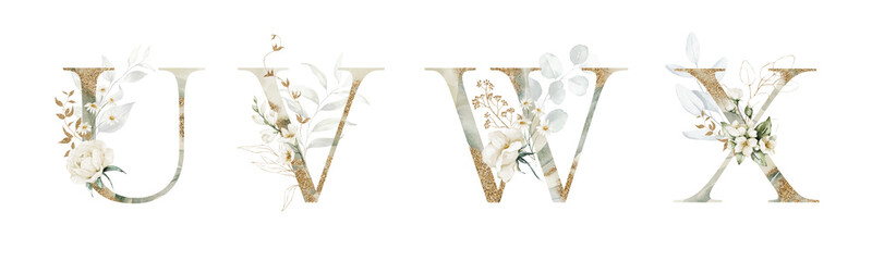 Gold Glitter Floral Alphabet Set Collection - letters U, V, W, X with white flowers, green gold botanic branch bouquet composition. Wedding invitation, baby shower. Rose, peony, eucalyptus, chamomile.