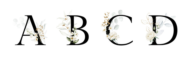 Black Dark Floral Alphabet Set Collection - letters A, B, C, D with white flowers, green gold botanic branch bouquet composition. Wedding invitations, baby shower. Rose, peony, eucalyptus, chamomile.
