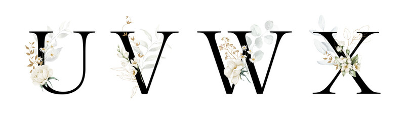 Black Dark Floral Alphabet Set Collection - letters U, V, W, X with white flowers, green gold botanic branch bouquet composition. Wedding invitations, baby shower. Rose, peony, eucalyptus, chamomile.