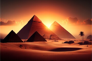 Two fictional egyptian pyramids in desert with evening sunset. Generative AI