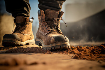 A constuction worker is wearing leather safety shoe, standing on the sand ground at construction working site. Generative Ai image.	
