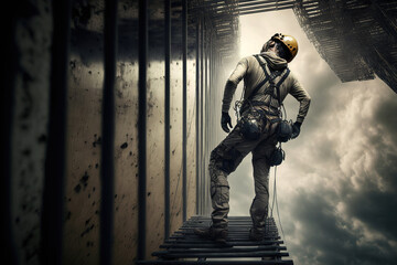 Fototapeta premium Action of a worker which is wearied fully safety harness PPE during working at height. Industrial danger working scene. Generative Ai image.