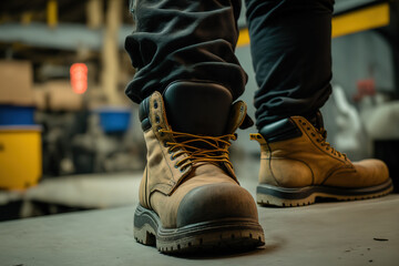 Close-up  safety working shoe on a worker feet is standing at the factory, ready for working in danger workplace concept. Industrial working scene and safety equipment. Generative Ai image. - obrazy, fototapety, plakaty