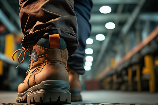 Close-up  safety working shoe on a worker feet is standing at the factory, ready for working in danger workplace concept. Industrial working scene and safety equipment. Generative Ai image.