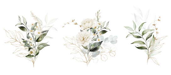 Watercolor floral illustration set - white flowers, green gold leaf branches collection, for wedding stationary, greetings, wallpapers, fashion, background. Eucalyptus, olive, leaves, chamomile. - 561050805