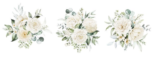 Watercolor floral bouquet illustration set - white flower green leaf leaves branches bouquets collection. Rose, peony, eucalyptus, chamomile. Wedding stationary, greetings, wallpapers, fashion. - 561050837
