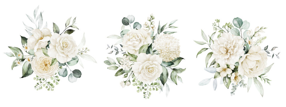 Watercolor floral bouquet illustration set - white flower green leaf leaves branches bouquets collection. Rose, peony, eucalyptus, chamomile. Wedding stationary, greetings, wallpapers, fashion.