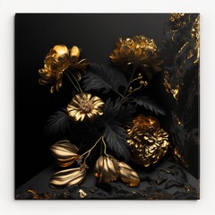 3d wallpaper for wall frames fractal flowers golden and black liquid marble background. Resin geode and abstract art, functional art, like geode painting. 
