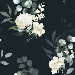 Seamless watercolor floral pattern - white flowers, leaves, green branches composition on black background. Wrappers, wallpapers, postcards, greeting cards, wedding invitations, prints, posters.