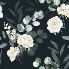 Seamless watercolor floral pattern - white flowers, leaves, green branches composition on black background. Wrappers, wallpapers, postcards, greeting cards, wedding invitations, prints, posters.