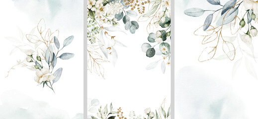 Fototapeta Watercolor floral illustration set - bouquet, frame, border. White flowers, rose, peony, gold green leaf branches collection. Wedding invites, wallpapers, fashion. Eucalyptus olive  leaves chamomile. obraz