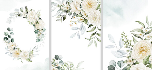 Watercolor floral illustration set - bouquet, frame, border, wreath. White flowers, rose, peony, green leaf branch collection. Wedding invites, wallpapers, fashion. Eucalyptus olive  leaves chamomile. - 561051224