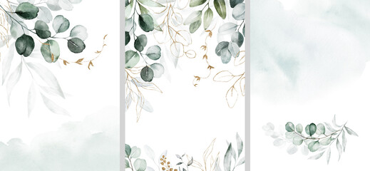 Watercolor floral illustration set - bouquet, frame, border. Gold green leaf branches collection. Wedding stationary, wallpapers, fashion. Eucalyptus olive  leaves.