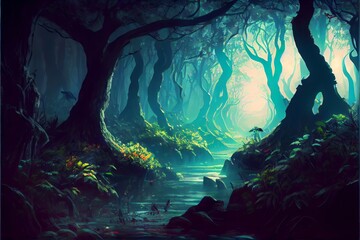 Fantasy forest scene. Generative AI