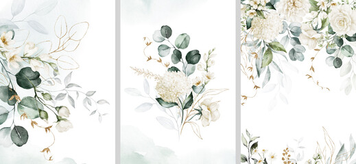 Watercolor floral illustration set - bouquet, frame, border. White flowers, rose, peony, gold green leaf branches collection. Wedding invites, wallpapers, fashion. Eucalyptus olive  leaves chamomile.