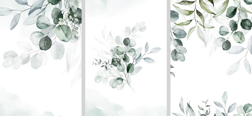 Watercolor floral illustration set - bouquet, frame, border. Green leaf branches collection. Wedding stationary, wallpapers, fashion. Eucalyptus olive  leaves.