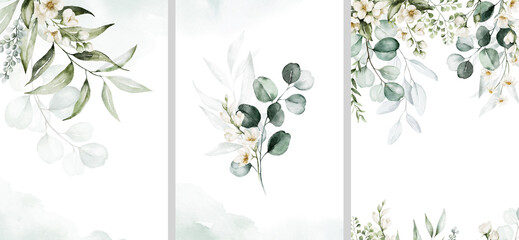 Watercolor floral illustration set - bouquet, frame, border. White flowers, rose, peony, green leaf branches collection. Wedding stationary, wallpapers, fashion. Eucalyptus olive  leaves chamomile. - 561051258