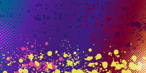 Abstract background with brush and ink splatters. Dots, ink traces, splat drops, rainbow colors. Spray, graffiti, grunge effect. Artistic illustration. Modern artwork for animation. Isolated vector.