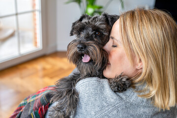 Young woman with her cute Schnauzer at home. Lovely pet