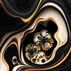 3d wallpaper for wall frames fractal flowers golden and black liquid marble background. Resin geode and abstract art, functional art, like geode painting. 