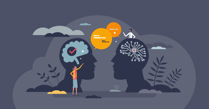 Natural language parsing or NLP for AI speech development tiny person concept. Artificial intelligence learning to speak and write text from human mind example vector illustration. Language tasks.