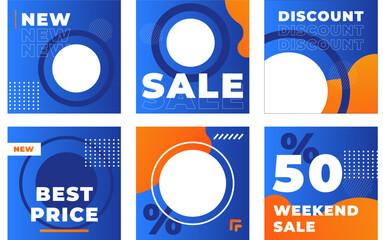 Blue&Orange Social Media Post Template for Digital Marketing and Advertising Sale Promo. Grid Puzzle Square Monochrome banner design. Set for Gym, Fitness, Fashion, Food dynamic.