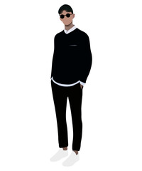 Stylish guy in fashionable and modern clothes on a white background. Vector illustration in flat style