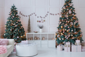 christmas tree in a beautiful interior with decor festive background of the new year